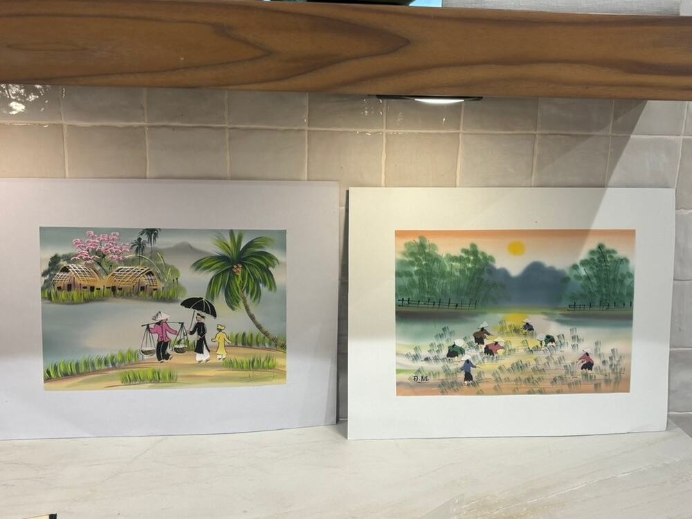 2 Vietnamese Hand Painted Silk Paintings Rice Paddy Village Scene Signed Vietnam